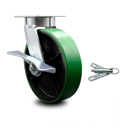 Service Caster 8 Inch Kingpinless Green Poly on Steel Wheel Caster with Brake and Swivel Lock SCC-KP30S820-PUR-GB-SLB-BSL